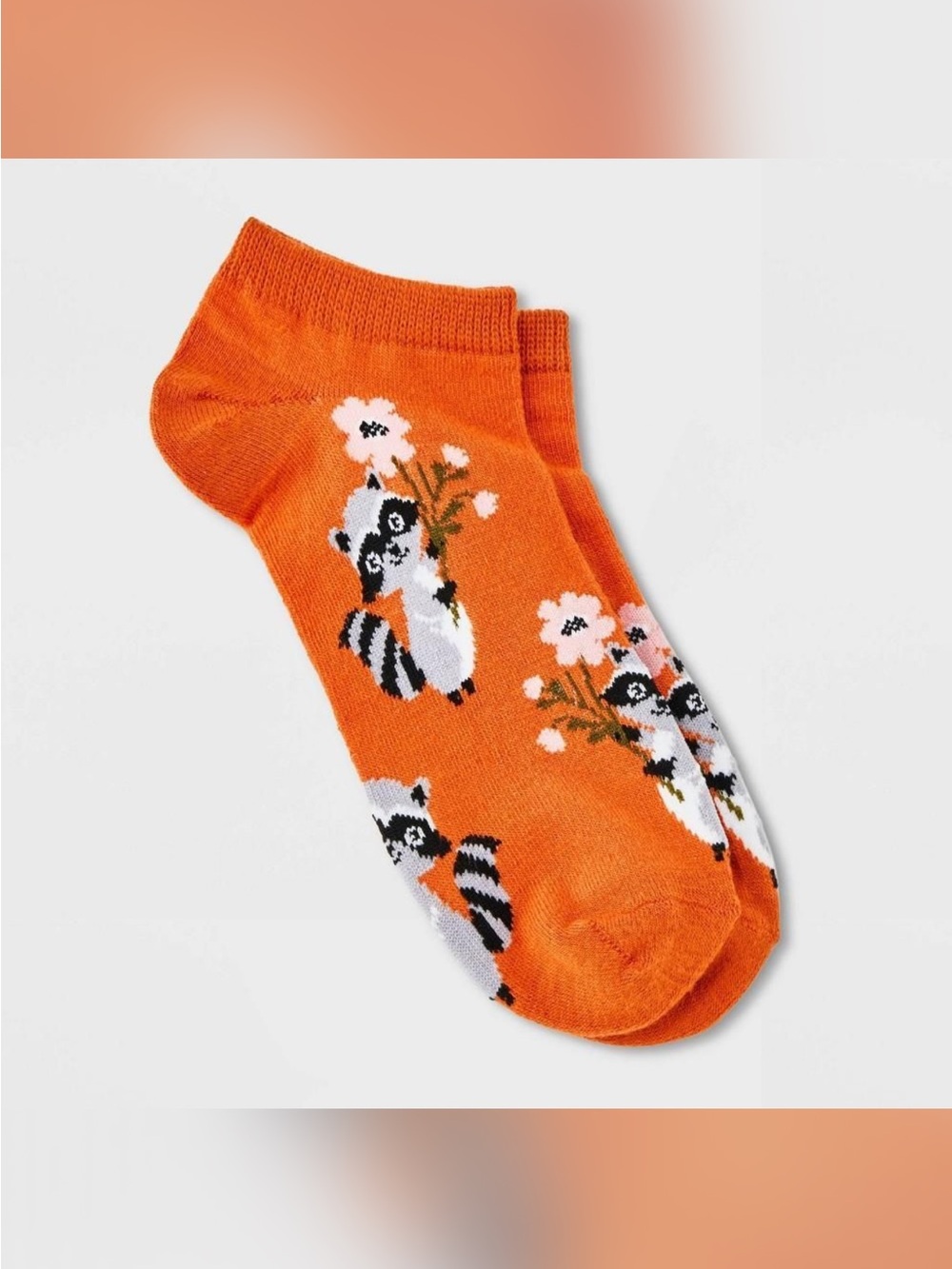 3 Pairs Orange Raccoon Floral Ankle Socks
